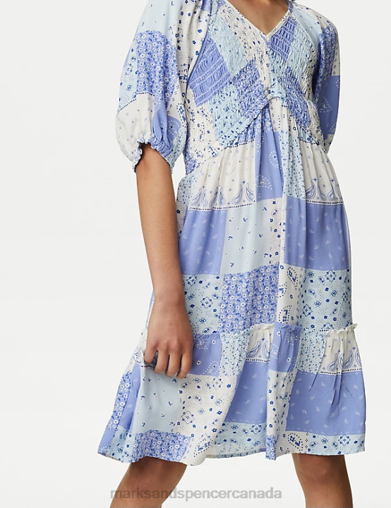 Marks and Spencer sale - Marks & Spencer Kids Patchwork Print Shirred Tiered Dress Clothing Blue Mix 20VTD9152