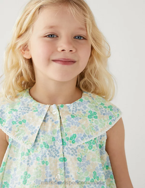 Marks & Spencer Kids Pure Cotton Floral Dress Clothing Green Mix 20VTD9025 - Marks and Spencer Canada locations
