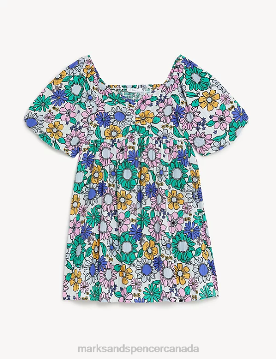 Marks & Spencer Kids Pure Cotton Floral Dress Clothing Green Mix 20VTD9033 - Marks and Spencer outlet