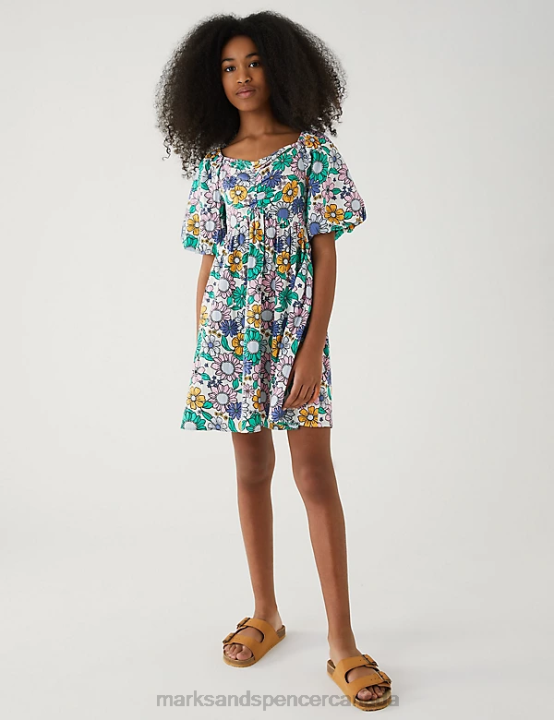 Marks & Spencer Kids Pure Cotton Floral Dress Clothing Green Mix 20VTD9033 - Marks and Spencer outlet