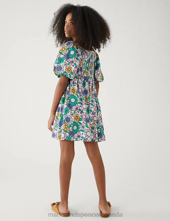 Marks & Spencer Kids Pure Cotton Floral Dress Clothing Green Mix 20VTD9033 - Marks and Spencer outlet