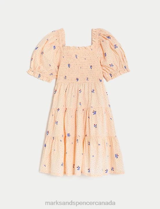 Marks and Spencer Canada - Marks & Spencer Kids Pure Cotton Floral Shirred Tiered Dress Clothing Light Peach 20VTD9120