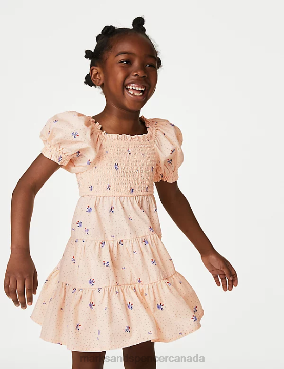 Marks and Spencer Canada - Marks & Spencer Kids Pure Cotton Floral Shirred Tiered Dress Clothing Light Peach 20VTD9120