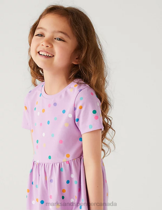 Marks and Spencer Canada - Marks & Spencer Kids Pure Cotton Spotted Dress Clothing Lilac 20VTD9075