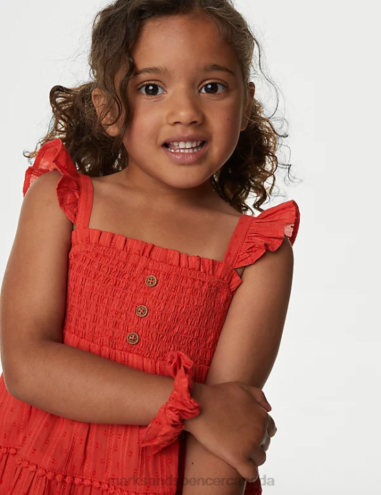 Marks & Spencer Kids Pure Cotton Tiered Dress Clothing Copper Rose 20VTD9066 - Marks and Spencer outlet