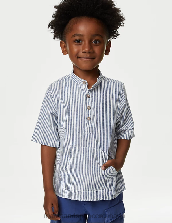 Marks and Spencer Canada - Kids Blue Mix Clothing Marks & Spencer Pure Cotton Striped Shirt 20VTD7975