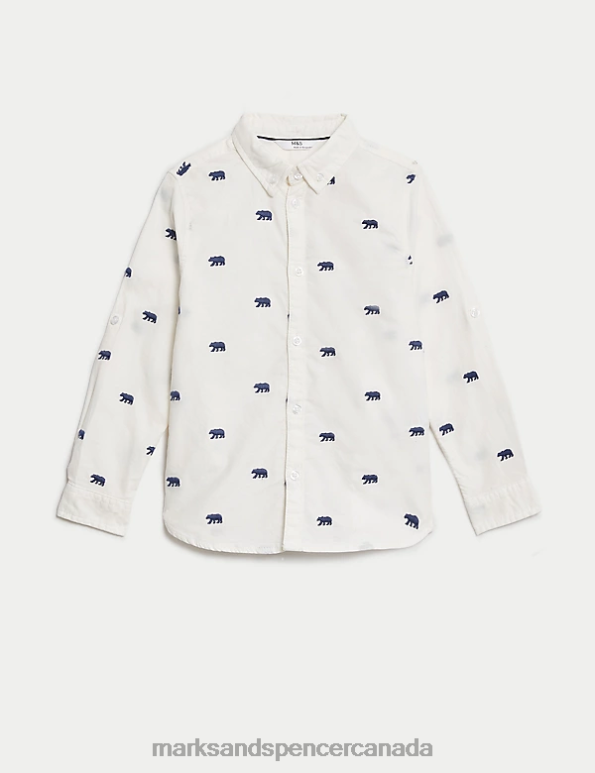 Kids White Mix Clothing Marks & Spencer Pure Cotton Bear Embroidered Oxford Shirt 20VTD7934 - Marks and Spencer Canada locations