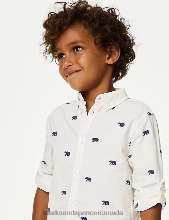 Kids White Mix Clothing Marks & Spencer Pure Cotton Bear Embroidered Oxford Shirt 20VTD7934 - Marks and Spencer Canada locations