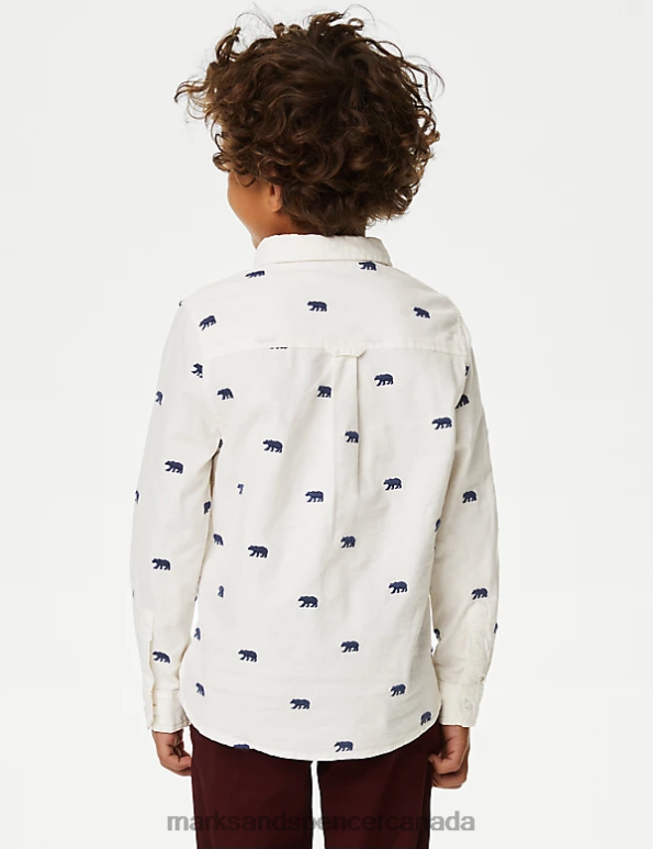 Kids White Mix Clothing Marks & Spencer Pure Cotton Bear Embroidered Oxford Shirt 20VTD7934 - Marks and Spencer Canada locations