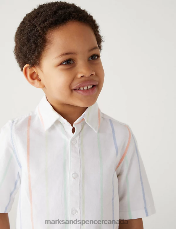 Kids White Mix Clothing Marks & Spencer Pure Cotton Striped Oxford Shirt 20VTD7960 - Marks and Spencer outlet