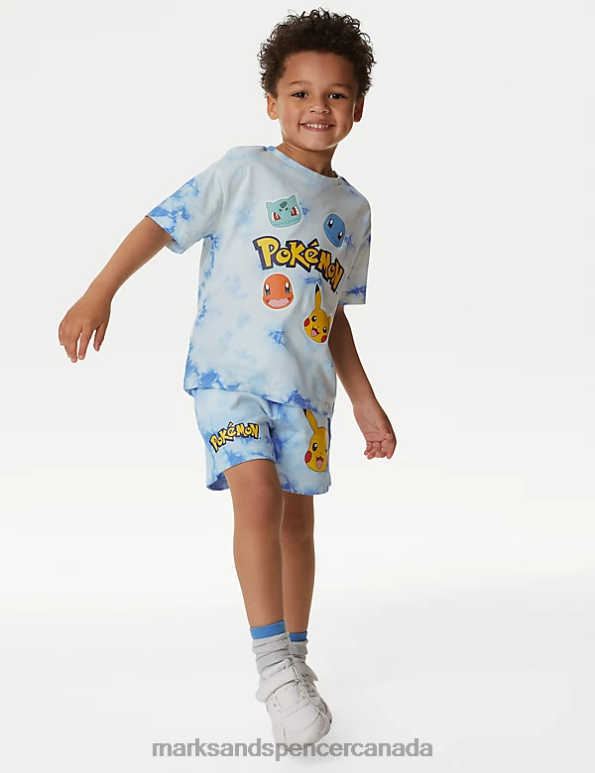 Kids Blue Mix Clothing Marks & Spencer Pure Cotton Pokemon Tie Dye Shorts 20VTD8061 - Marks and Spencer outlet