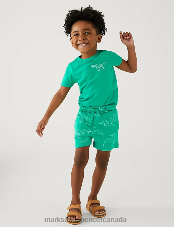 Kids Green Mix Clothing Marks & Spencer Cotton Rich Dinosaur Shorts 20VTD8138 - Marks and Spencer Canada locations