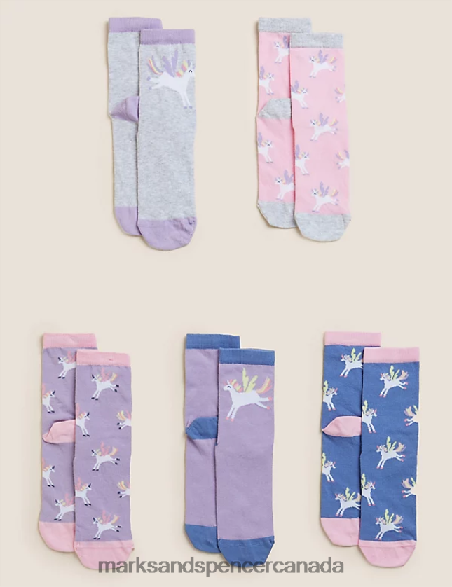 Marks and Spencer Canada - Clothing 20VTD9609 Multi Kids Marks & Spencer 5pk Cotton Rich Unicorn Socks
