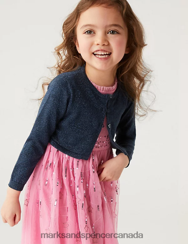 Marks and Spencer Canada - Clothing 20VTD9804 Navy Kids Marks & Spencer Cotton Rich Glitter Cardigan