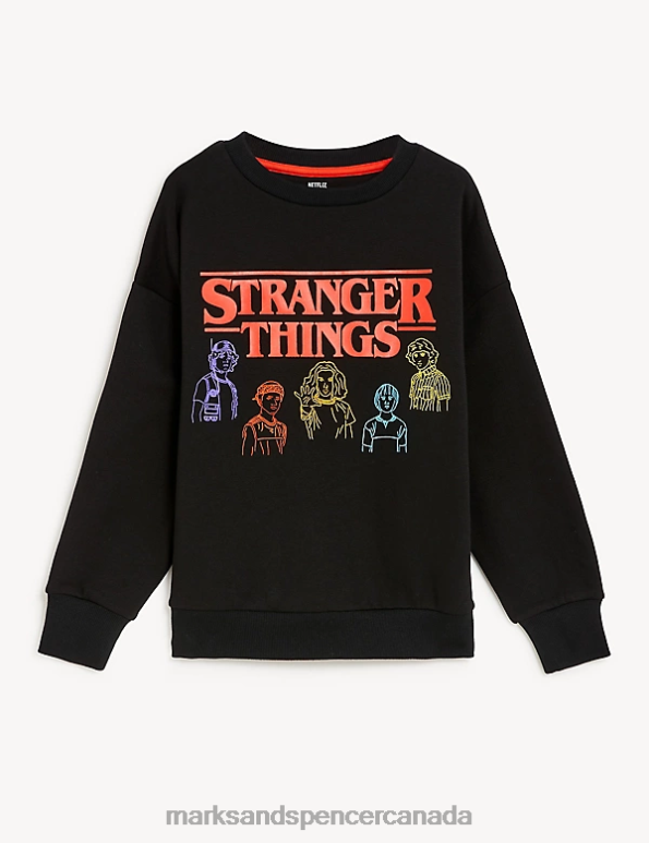 Kids Black Clothing Marks & Spencer Cotton Rich Stranger Things Sweatshirt 20VTD8173 - Marks and Spencer Canada locations