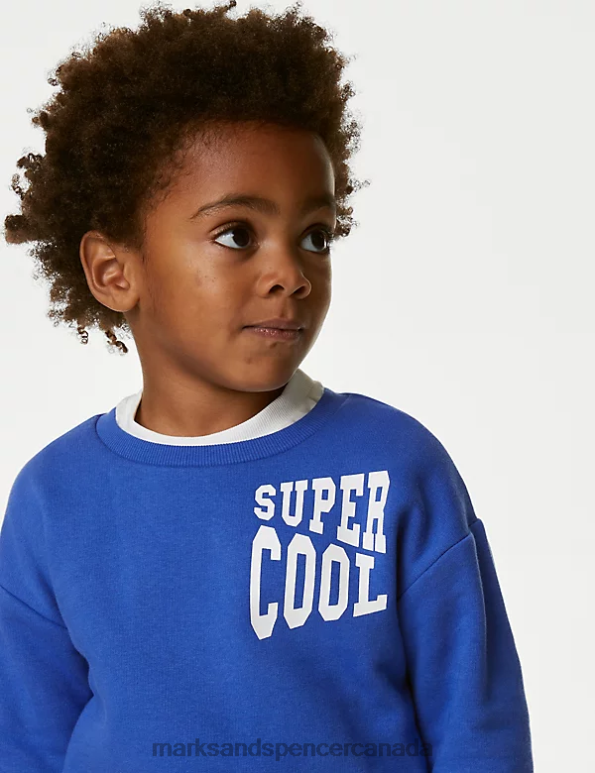 Kids Blue Clothing Marks & Spencer Cotton Rich Super Cool Slogan Sweatshirt 20VTD7843 - Marks and Spencer outlet