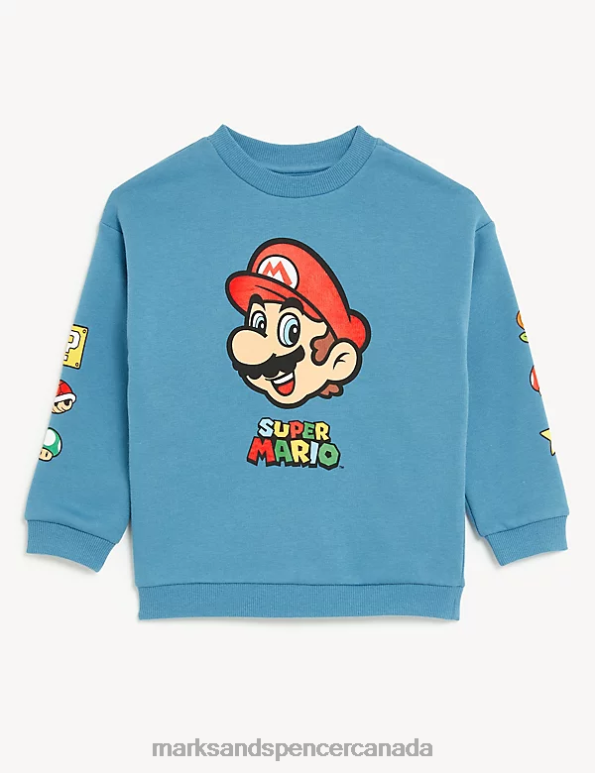 Kids Blue Clothing Marks & Spencer Cotton Rich Super Mario Sweatshirt 20VTD7897 - Marks and Spencer Canada locations