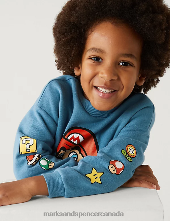 Kids Blue Clothing Marks & Spencer Cotton Rich Super Mario Sweatshirt 20VTD7897 - Marks and Spencer Canada locations