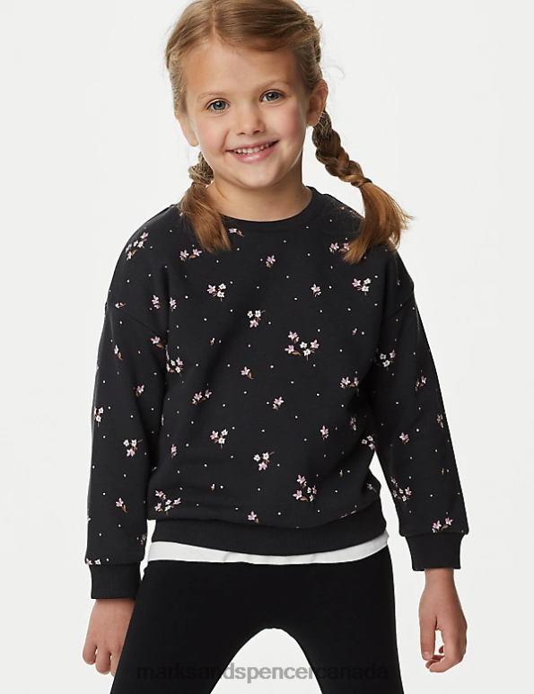 Marks and Spencer Canada - Kids Carbon Clothing Marks & Spencer Cotton Rich Floral Sweatshirt 20VTD8993