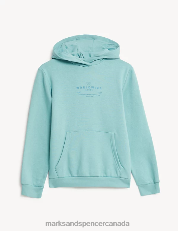 Kids Dusted Aqua Clothing Marks & Spencer Cotton Rich Gamer Slogan Hoodie 20VTD8455 - Marks and Spencer outlet