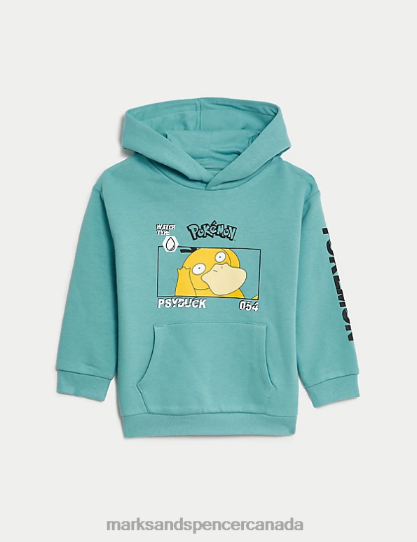 Kids Dusted Aqua Clothing Marks & Spencer Cotton Rich Pokemon Hoodi 20VTD7902 - Marks and Spencer outlet