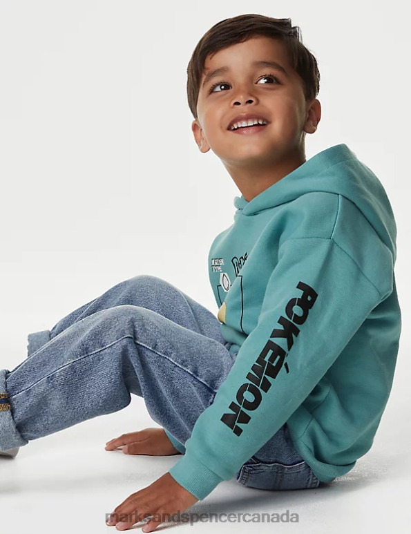 Kids Dusted Aqua Clothing Marks & Spencer Cotton Rich Pokemon Hoodi 20VTD7902 - Marks and Spencer outlet