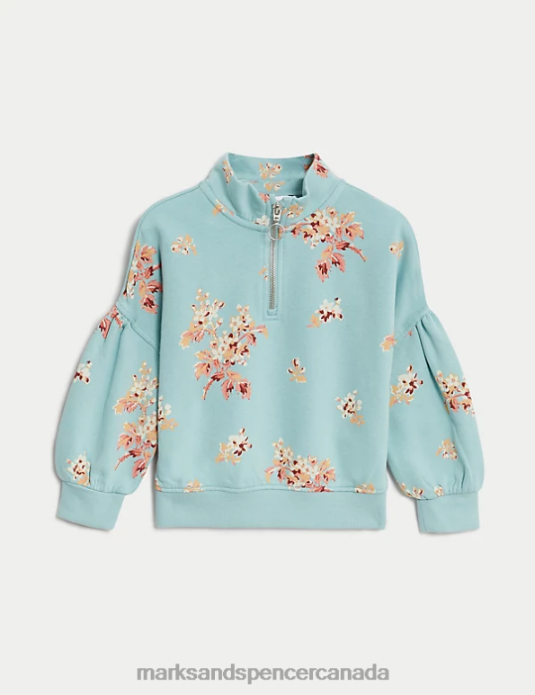 Marks and Spencer Canada - Kids Light Teal Clothing Marks & Spencer Cotton Rich Floral Zip Sweatshirt 20VTD8807