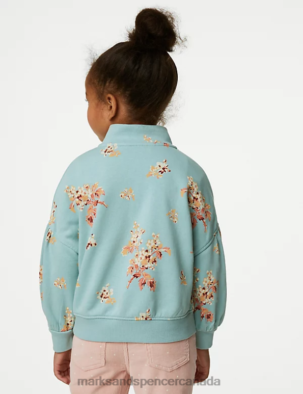 Marks and Spencer Canada - Kids Light Teal Clothing Marks & Spencer Cotton Rich Floral Zip Sweatshirt 20VTD8807