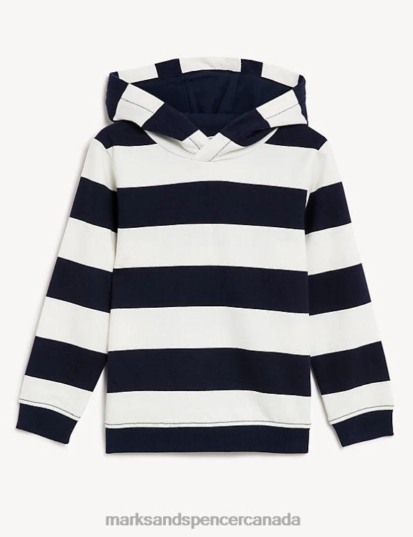 Marks and Spencer Canada - Kids Navy Mix Clothing Marks & Spencer Pure Cotton Striped Hoodie 20VTD8077