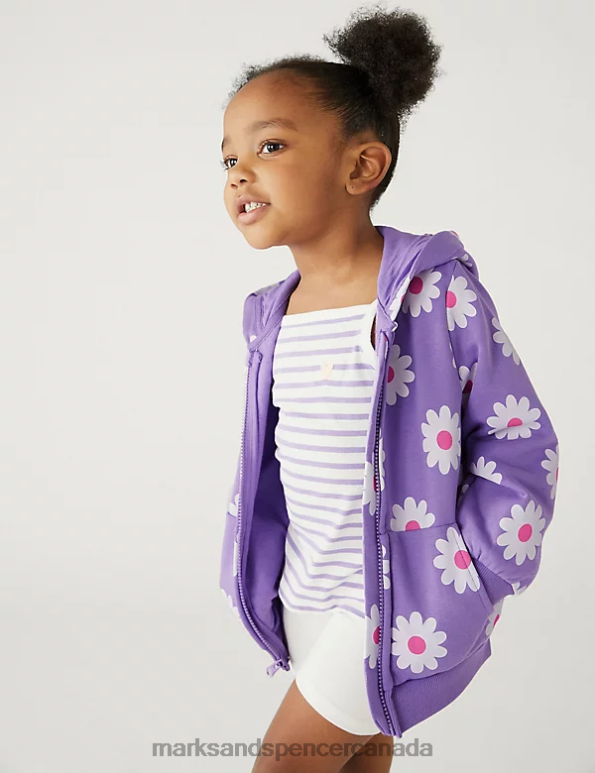 Kids Purple Clothing Marks & Spencer Cotton Rich Daisy Zip Hoodie 20VTD8929 - Marks and Spencer online