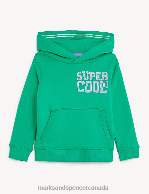 Marks and Spencer Canada - Kids Spearmint Clothing Marks & Spencer Cotton Rich Super Cool Slogan Hoodie 20VTD8602