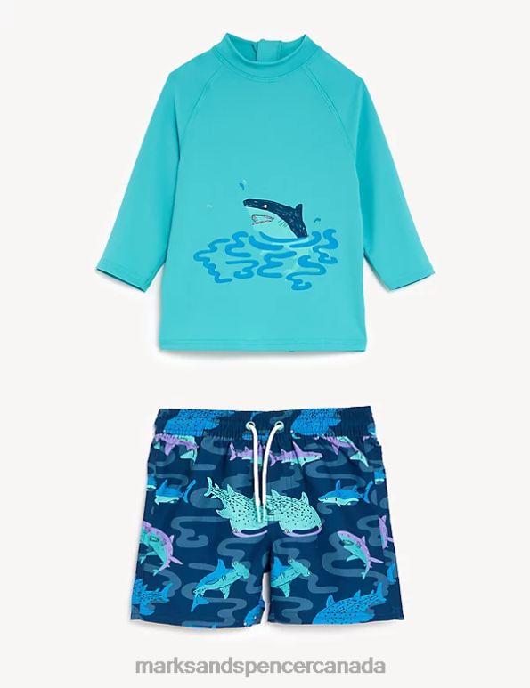 Kids Blue Mix Clothing Marks & Spencer 2pc Shark Swim Set 20VTD8154 - Marks and Spencer outlet