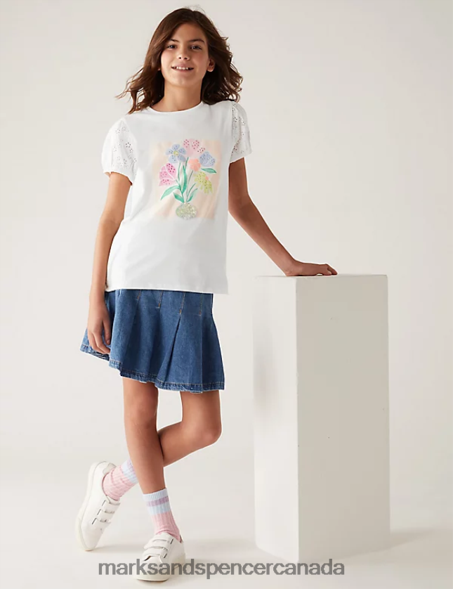 Clothing 20VTD9187 White Kids Marks & Spencer Pure Cotton Floral T-Shirt - Marks and Spencer outlet
