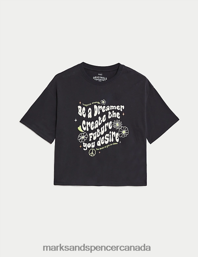 Clothing 20VTD9309 Charcoal Kids Marks & Spencer Pure Cotton Slogan T-Shirt - Marks and Spencer outlet