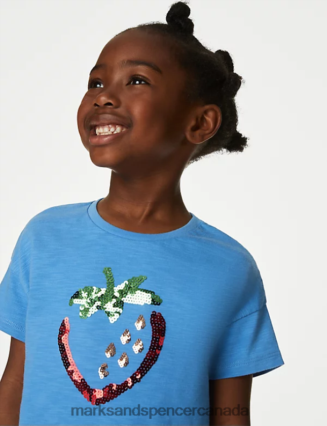 Marks and Spencer Canada - Clothing 20VTD9333 Azure Blue Kids Marks & Spencer Pure Cotton Sequin Strawberry T-Shirt
