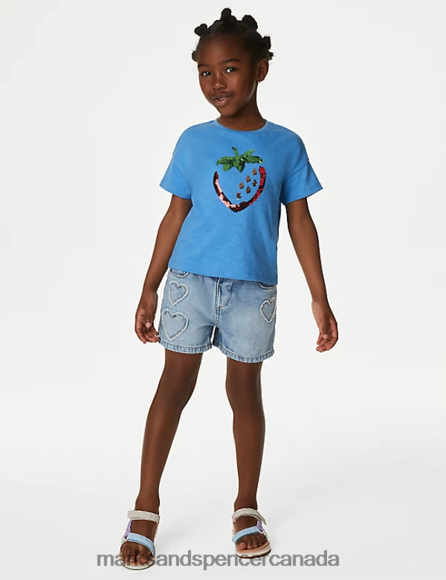 Marks and Spencer Canada - Clothing 20VTD9333 Azure Blue Kids Marks & Spencer Pure Cotton Sequin Strawberry T-Shirt