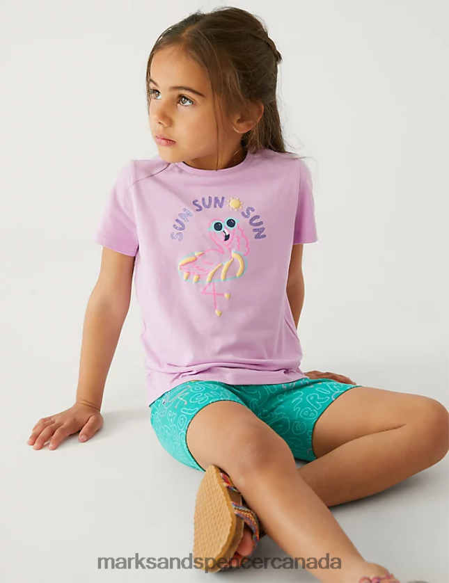 Clothing 20VTD9604 Lilac Kids Marks & Spencer Pure Cotton Flamingo T-Shirt - Marks and Spencer Canada locations
