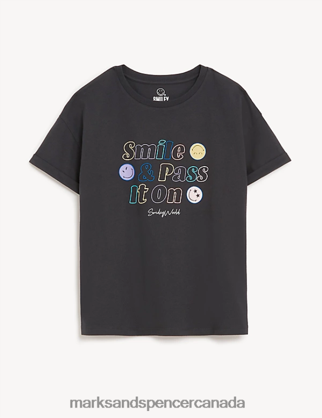 Clothing 20VTD9910 Charcoal Kids Marks & Spencer Pure Cotton SmileyWorld Slogan T-Shirt - Marks and Spencer online