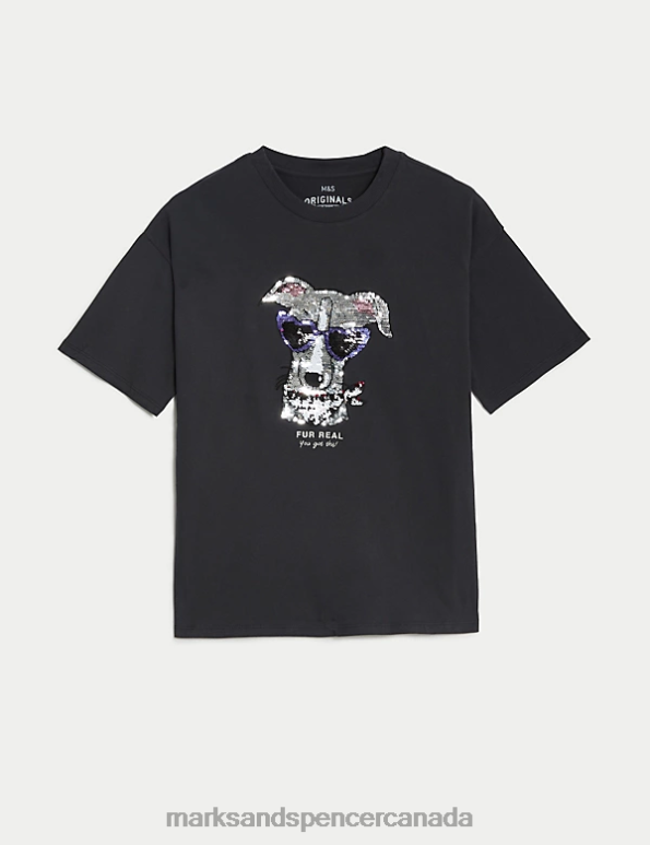 Kids Charcoal Clothing Marks & Spencer Pure Cotton Reversible Sequin Dog T-Shirt 20VTD8822 - Marks and Spencer online