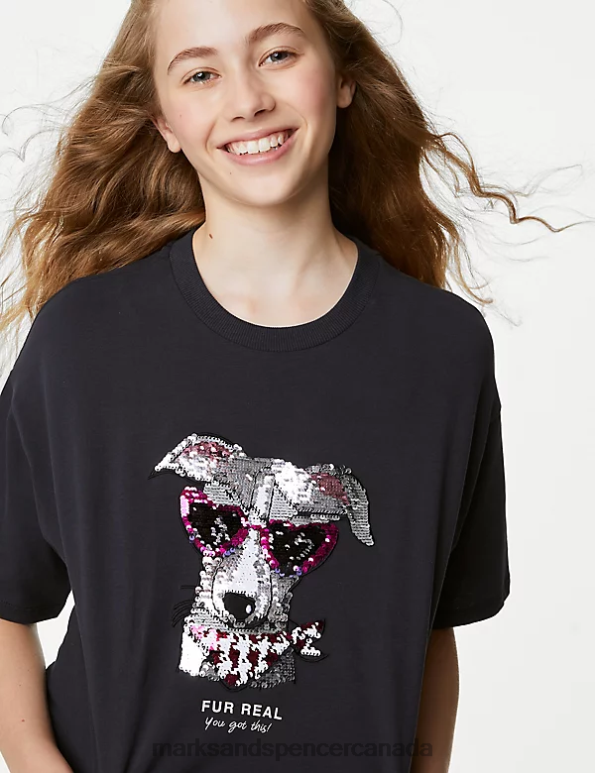 Kids Charcoal Clothing Marks & Spencer Pure Cotton Reversible Sequin Dog T-Shirt 20VTD8822 - Marks and Spencer online