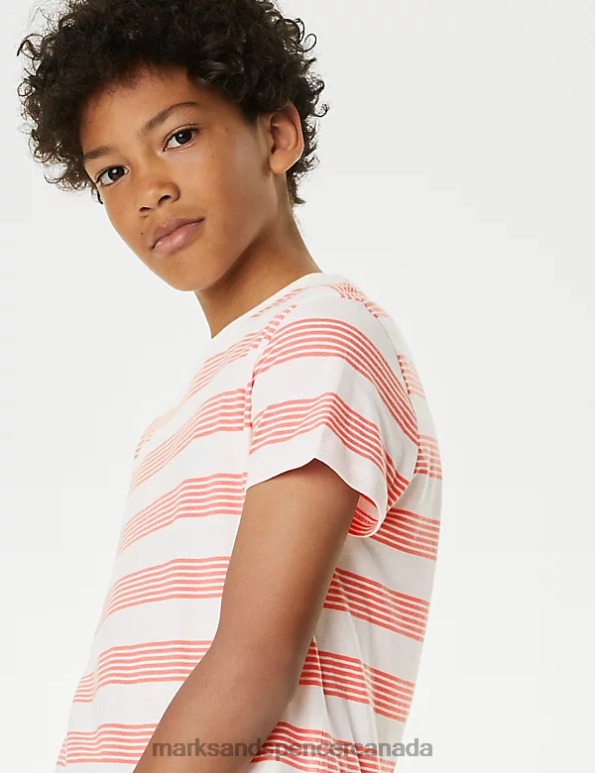 Kids Coral Mix Clothing Marks & Spencer Pure Cotton Striped T-Shirt 20VTD8610 - Marks and Spencer Canada locations