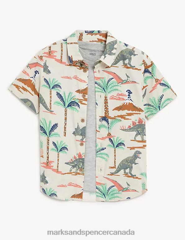 Kids Cream Mix Clothing Marks & Spencer 2pc Pure Cotton Dinosaur Shirt and T-Shirt 20VTD8532 - Marks and Spencer online