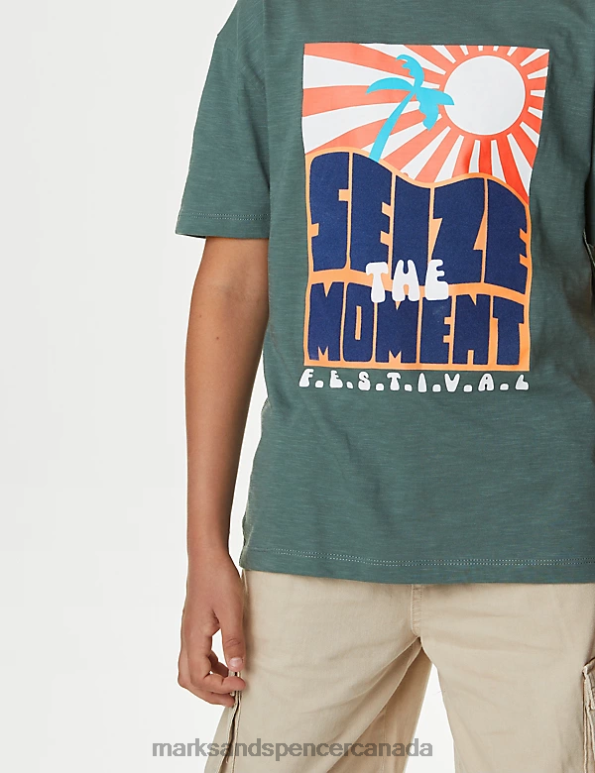 Marks and Spencer Canada - Kids Dark Sage Clothing Marks & Spencer Pure Cotton Festival Slogan T-Shirt 20VTD8517