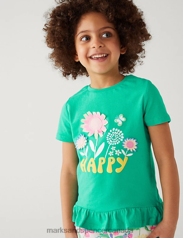 Marks and Spencer sale - Kids Green Clothing Marks & Spencer 3pk Pure Cotton Floral T-Shirts 20VTD8921
