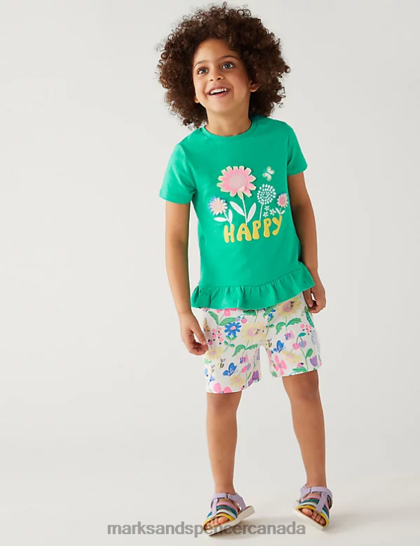 Marks and Spencer sale - Kids Green Clothing Marks & Spencer 3pk Pure Cotton Floral T-Shirts 20VTD8921