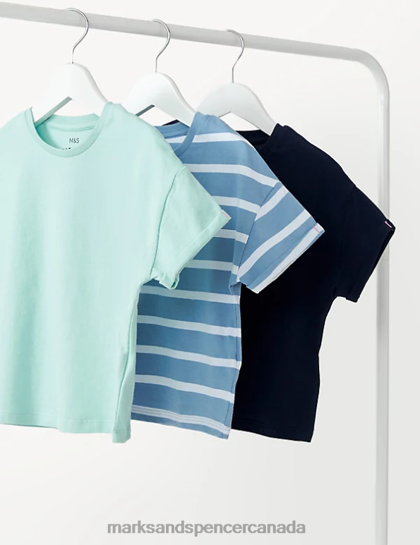 Kids Green Mix Clothing Marks & Spencer 3pk Pure Cotton Plain & Striped T-Shirts 20VTD8336 - Marks and Spencer online