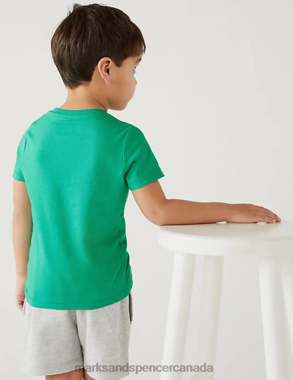 Kids Green Mix Clothing Marks & Spencer Pure Cotton Dinosaur Print T-Shirt 20VTD8543 - Marks and Spencer outlet