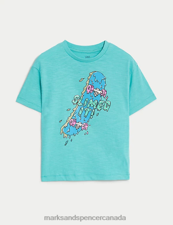 Kids Green Mix Clothing Marks & Spencer Pure Cotton Skate Print T-Shirt 20VTD8005 - Marks and Spencer outlet