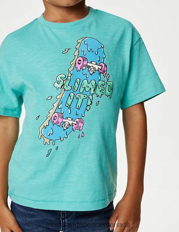 Kids Green Mix Clothing Marks & Spencer Pure Cotton Skate Print T-Shirt 20VTD8005 - Marks and Spencer outlet