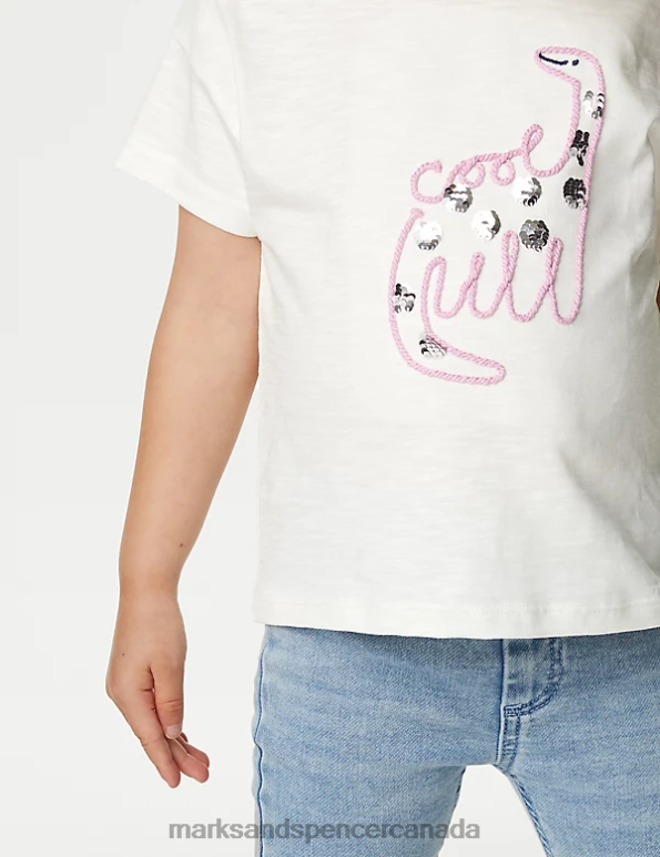 Kids Ivory Clothing Marks & Spencer Pure Cotton Sequin Dinosaur T-Shirt 20VTD8926 - Marks and Spencer online